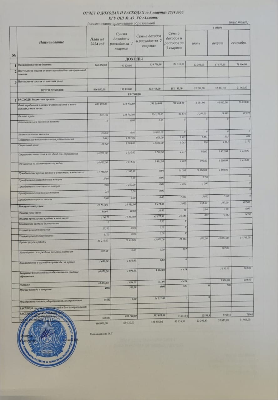 Statement of income and expenses/ отчет о доходах и расходах 3 квартал 2024