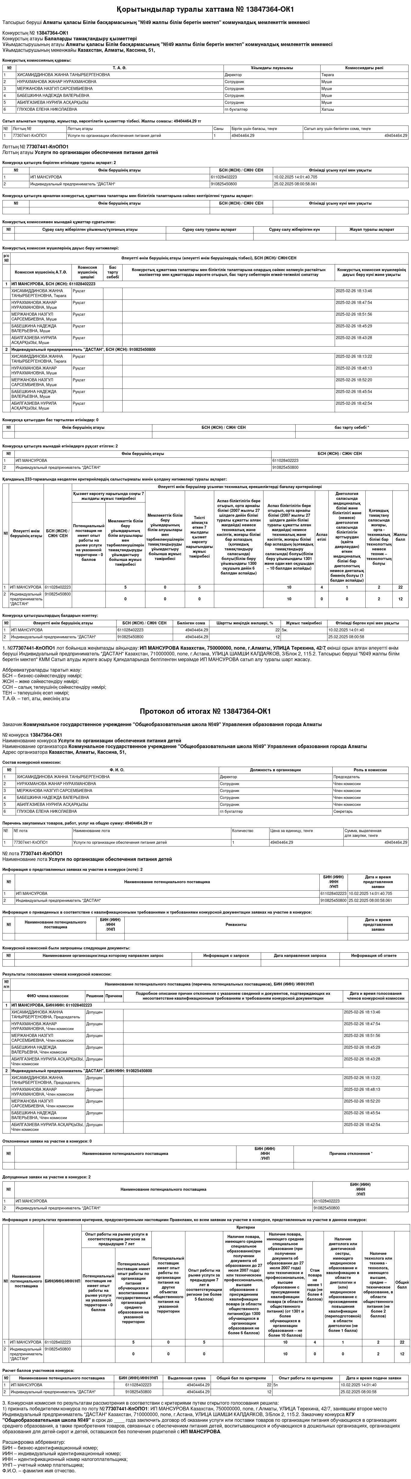 Қорытындылар туралы хаттама № 13847364-ОК1 / Протокол об итогах № 13847364-ОК1