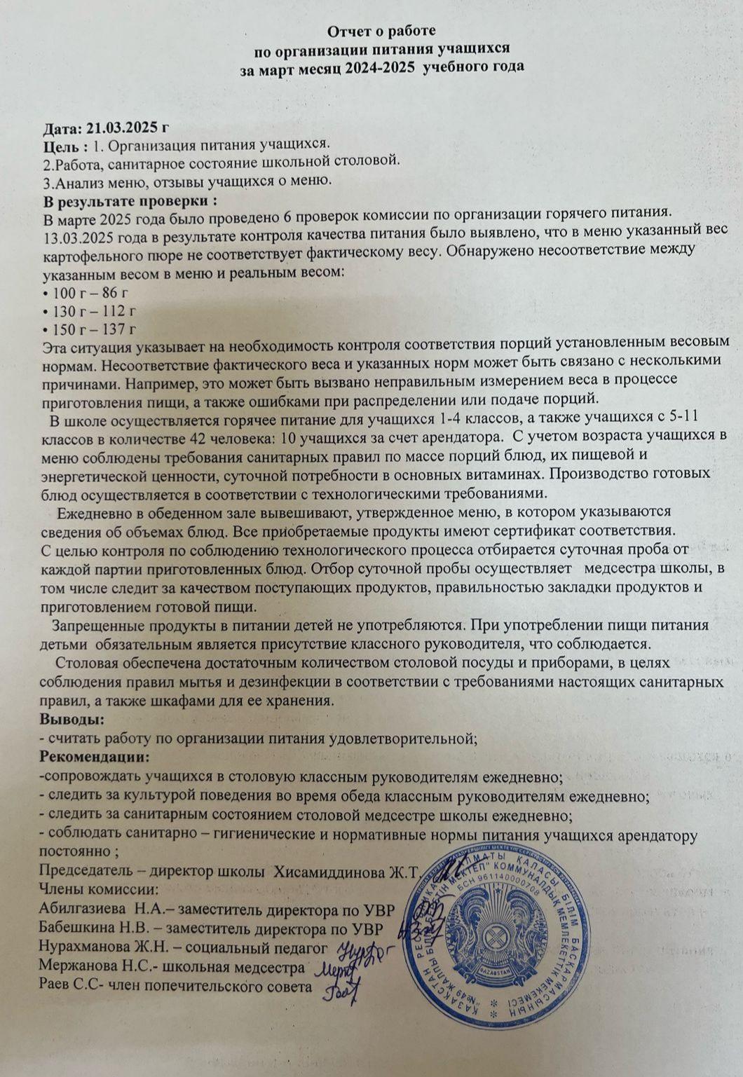 Бақылау комиссиясының 2024-2025 ж. наурыз айына есебі/Отчет о питании