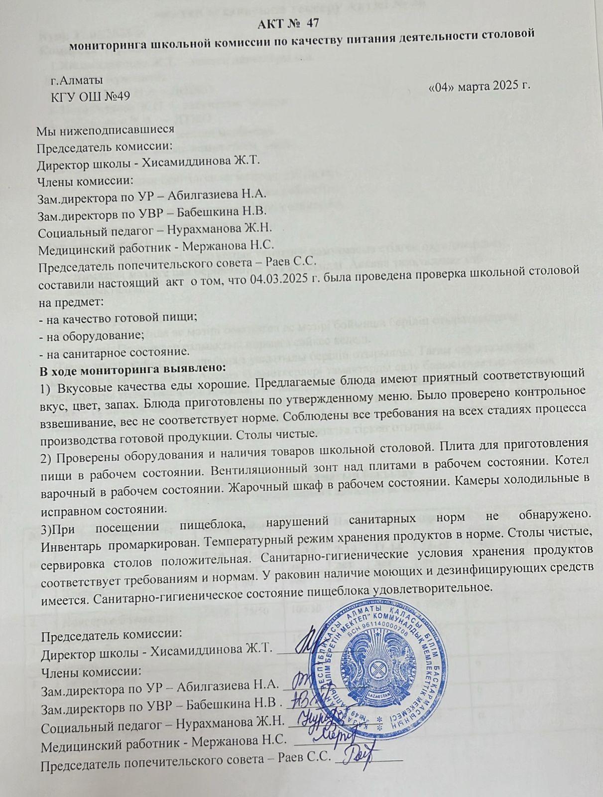 Тамақ өнімдерінің сапасын бақылау жөніндегі комиссияның № 47 акті
