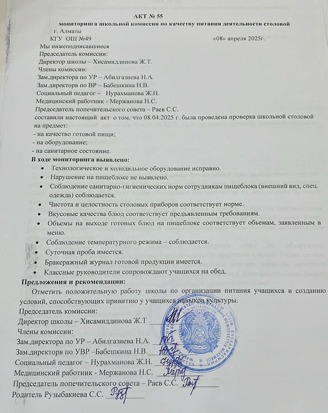 Тамақ өнімдерінің сапасын бақылау жөніндегі комиссияның № 55 акті