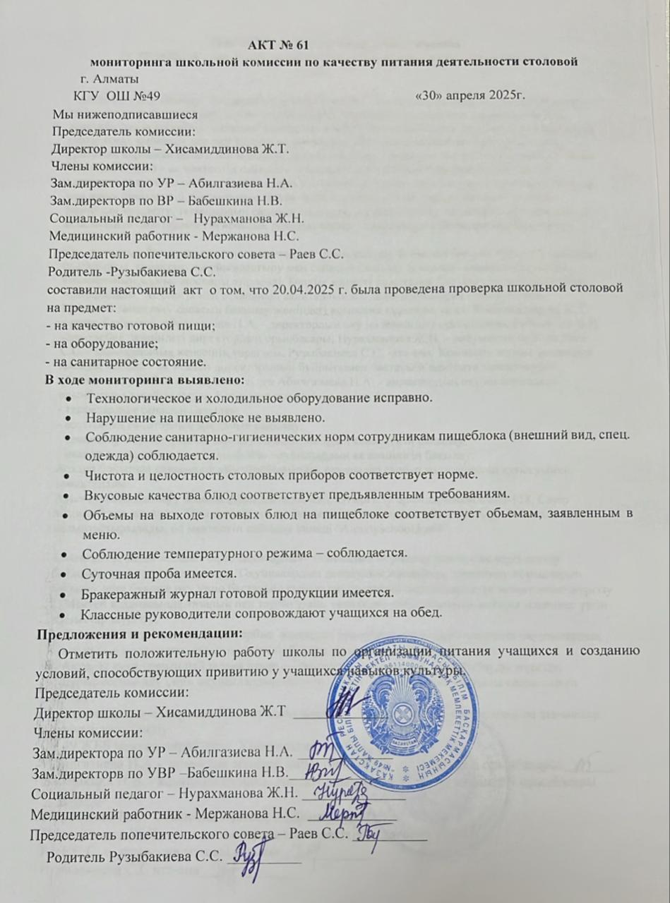 Тамақ өнімдерінің сапасын бақылау жөніндегі комиссияның № 61 акті