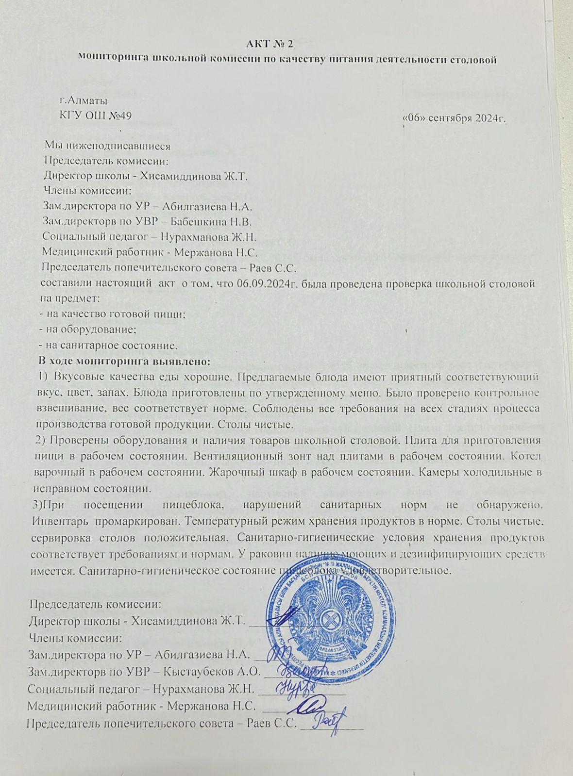 Тамақ өнімдерінің сапасын бақылау жөніндегі комиссияның №2 акті.