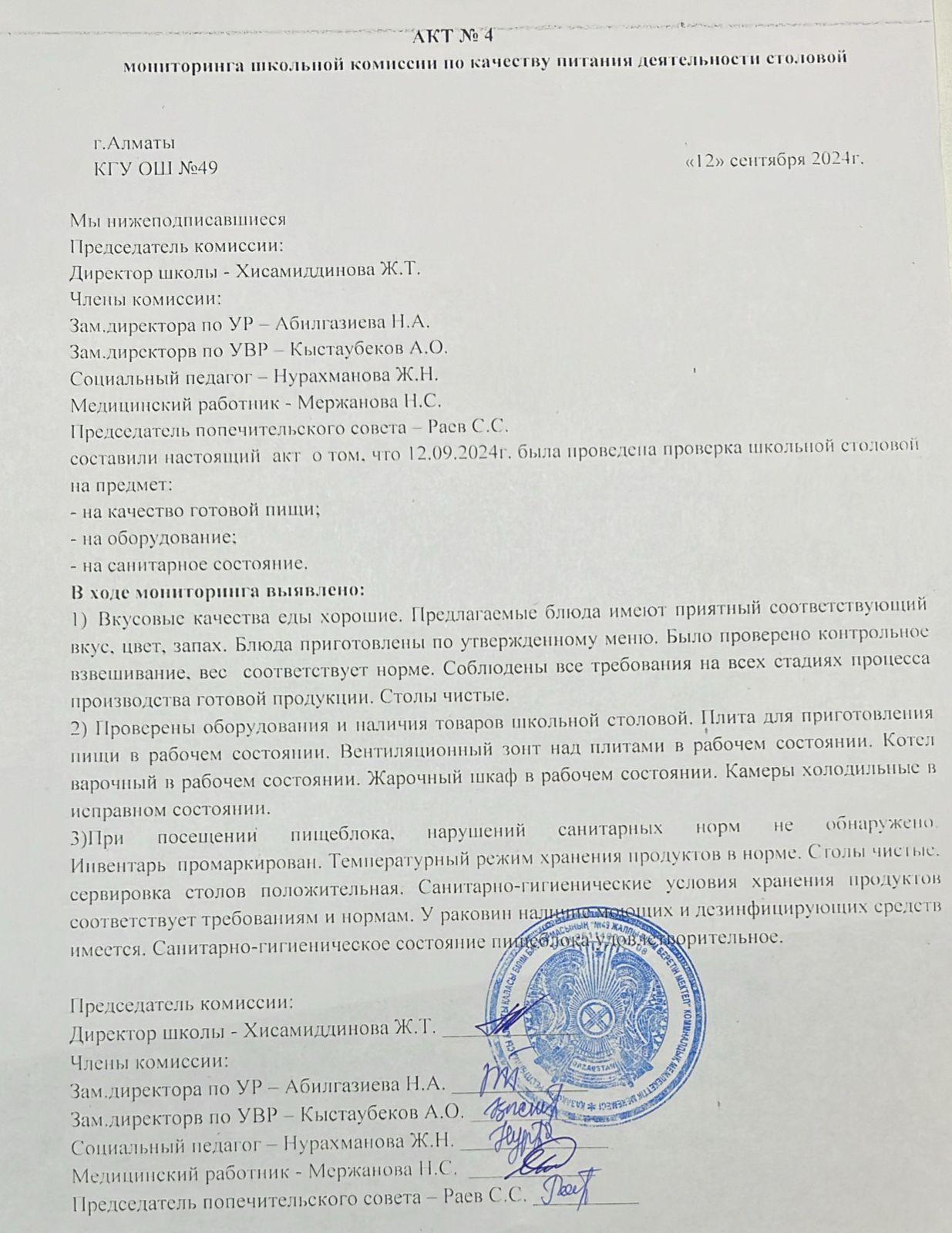 Тамақ өнімдерінің сапасын бақылау жөніндегі комиссияның №4 акті.
