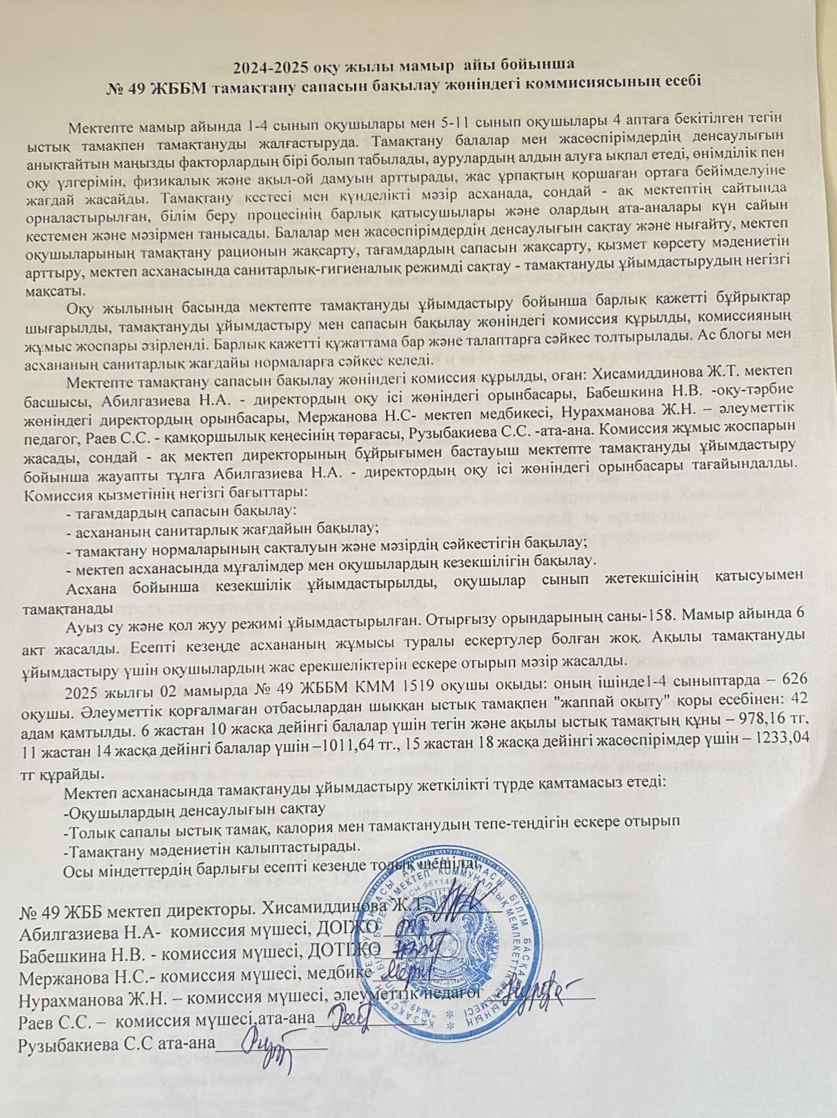Бақылау комиссиясының 2024-2025 ж. мамыр айына есебі/Отчет о питании