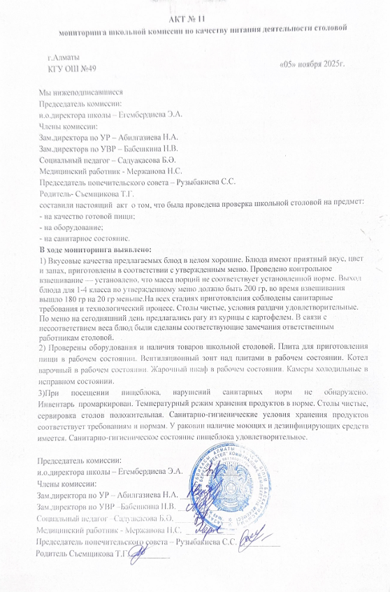 Тамақ өнімдерінің сапасын бақылау жөніндегі комиссияның №11 акті/ Акт мониторинга качества питания №11