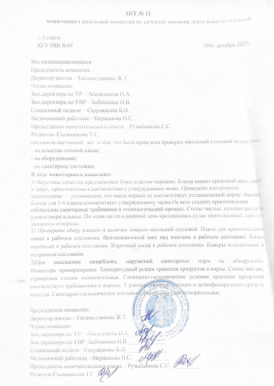 Тамақ өнімдерінің сапасын бақылау жөніндегі комиссияның №12 акті/ Акт