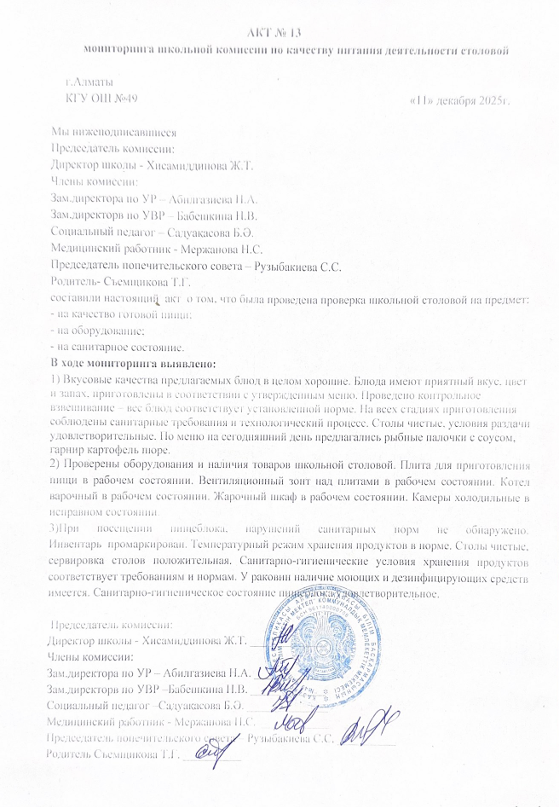 Тамақ өнімдерінің сапасын бақылау жөніндегі комиссияның №13 акті/ Акт