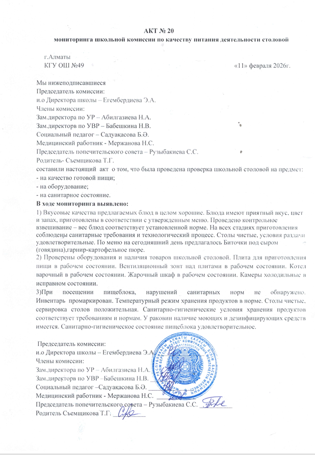 Тамақ өнімдерінің сапасын бақылау жөніндегі комиссияның № 20 акті