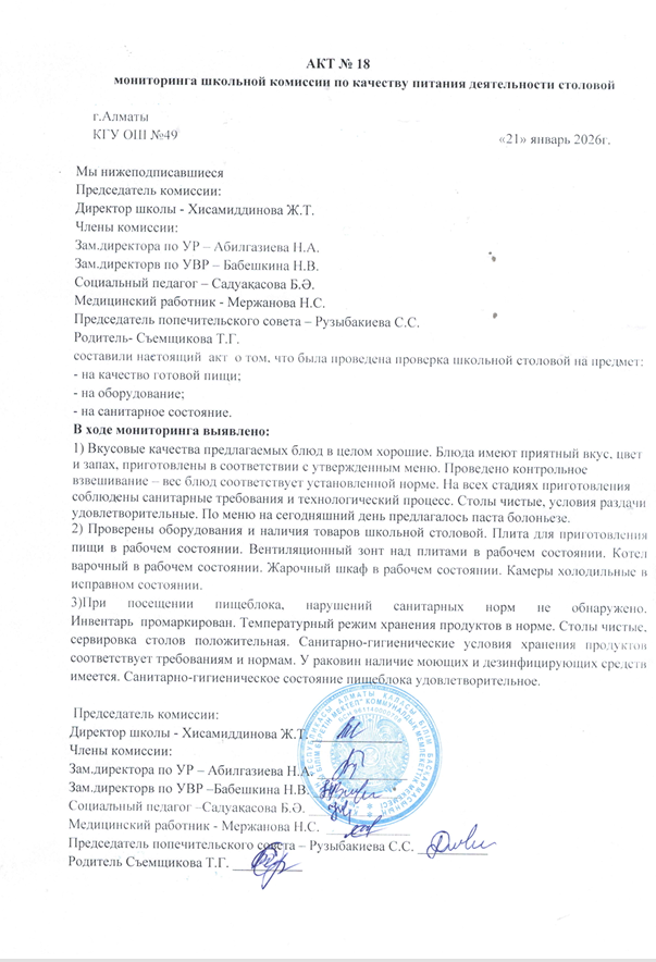 Тамақ өнімдерінің сапасын бақылау жөніндегі комиссияның №18 акті
