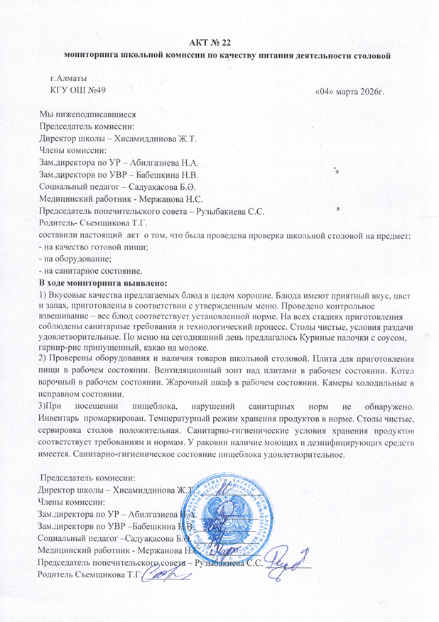 Тамақ өнімдерінің сапасын бақылау жөніндегі комиссияның № 22 акті