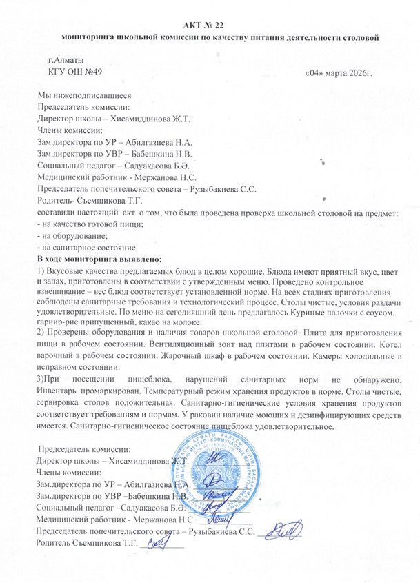 Тамақ өнімдерінің сапасын бақылау жөніндегі комиссияның № 22 акті