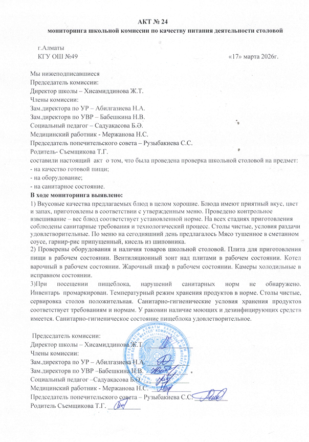 Тамақ өнімдерінің сапасын бақылау жөніндегі комиссияның № 24 акті
