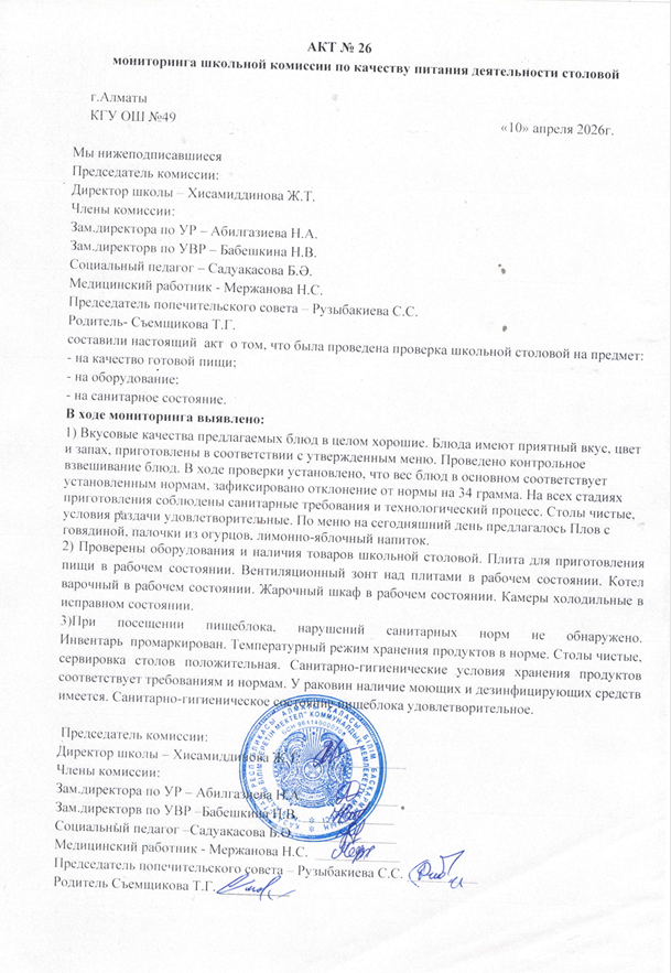 Тамақ өнімдерінің сапасын бақылау жөніндегі комиссияның № 26 акті