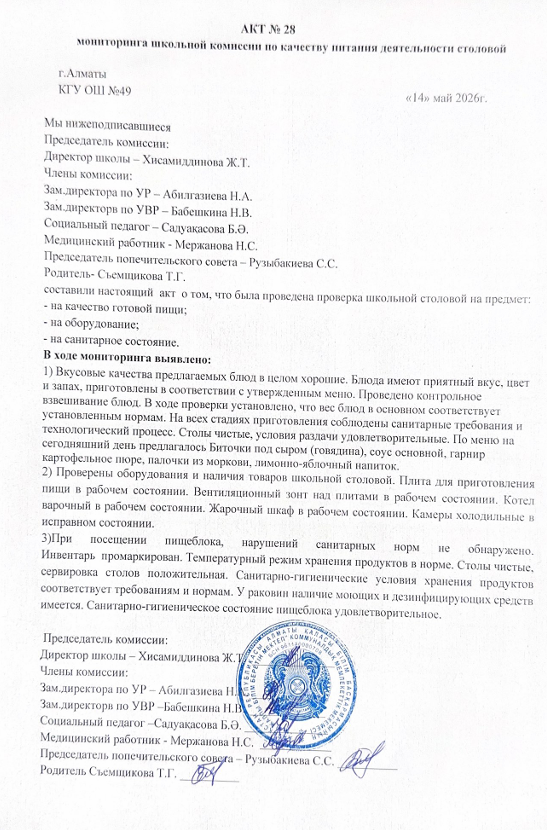 Тамақ өнімдерінің сапасын бақылау жөніндегі комиссияның № 28 акті